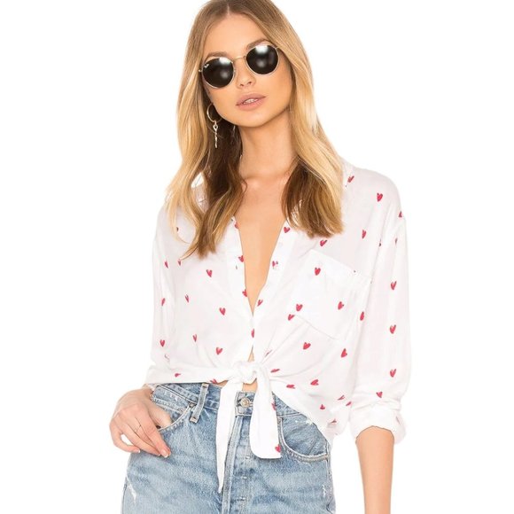 Rails Tops - Rails Val Small Scribble Heart White Pink Cropped Tie Front Button Down Shirt